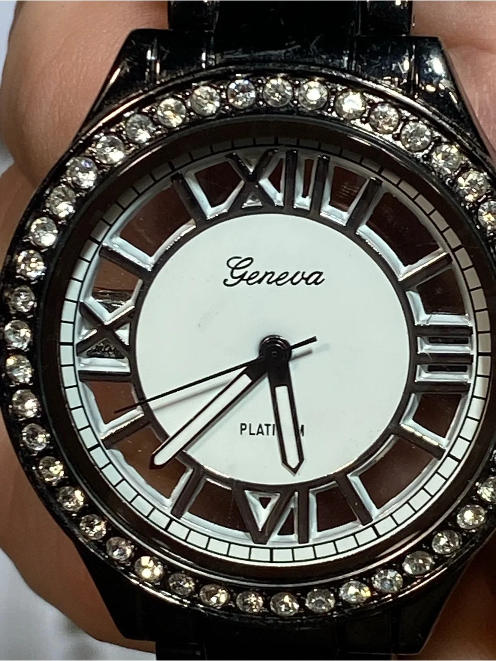 Geneva Black and White Link Bracelet Watch with Crystal Bezel